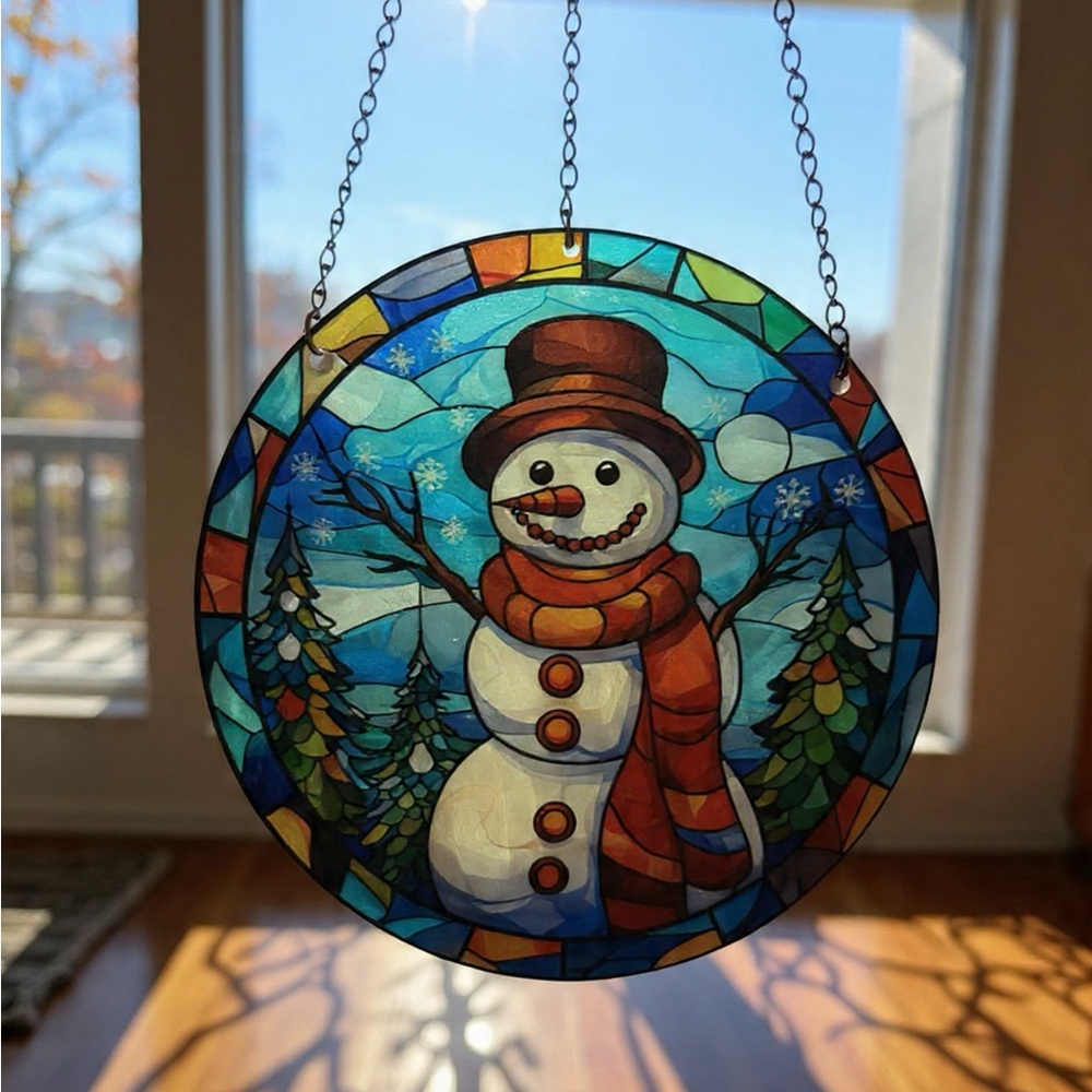 Handcrafted Snowman Suncatcher - Blue/Red